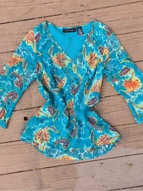 Vintage 2000’s Y2K Seperates 100% silk paisley turquoise blouse with sequin neck
